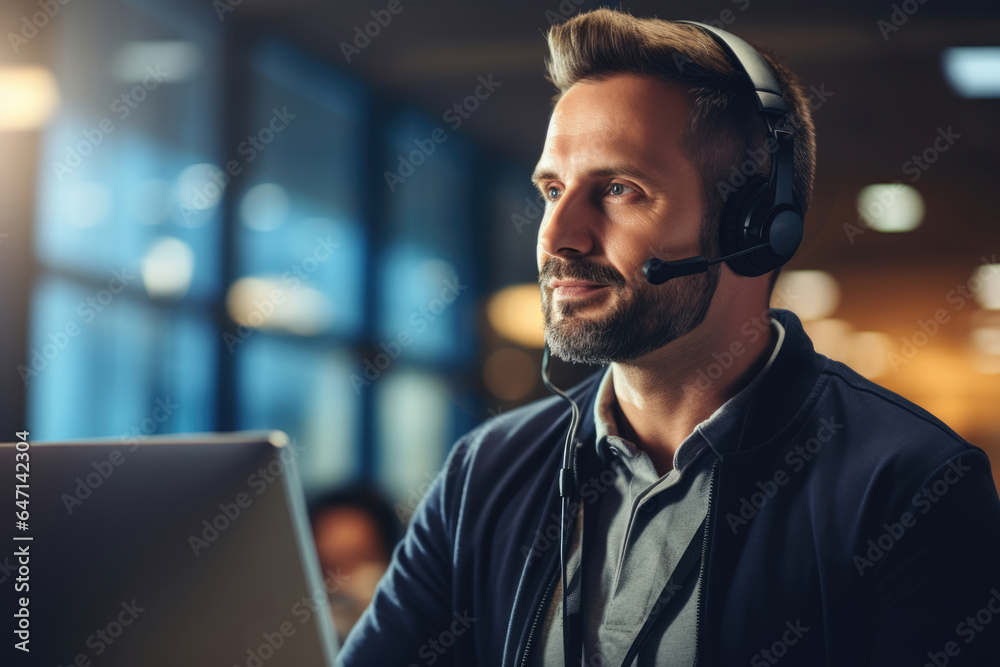 Call center agent man with headset working on support hotline Call center agent man with headset working on support hotline