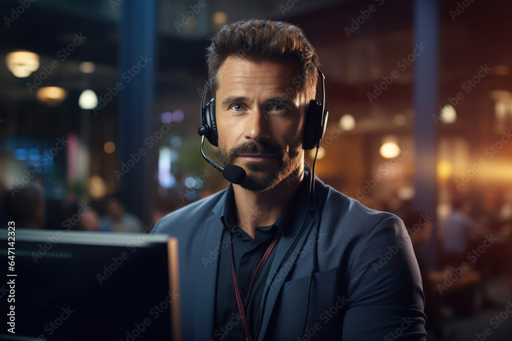 Call center agent man with headset working on support hotline Call center agent man with headset working on support hotline