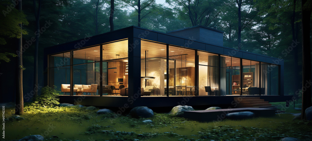 Exterior in minimal style, Modern house in forest at night, Loft home design of modern, illustration