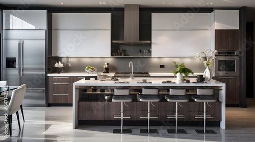 Explore the culinary realm of modern flat design. This photograph showcases a sleek kitchen with glossy cabinets  integrated appliances  and a seamless flow of design elements.