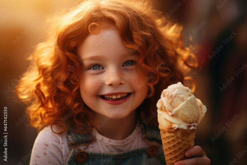 Little red-haired girl eating ice cream