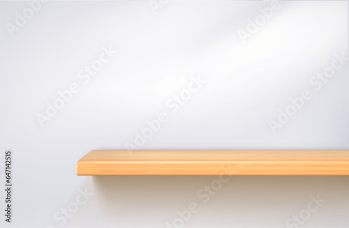 Realistic wooden shelf on a white lighted wall. Minimal scene with yellow table podium for product presentation. Clean shelf for kitchen, bathroom,interior mockup. Vector 3d illustration