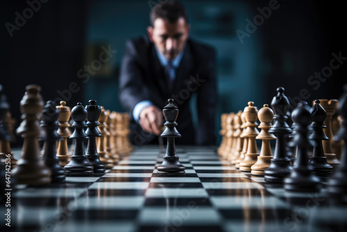 Chess on the background of a man in a business suit, the concept of business, career ladder, competition