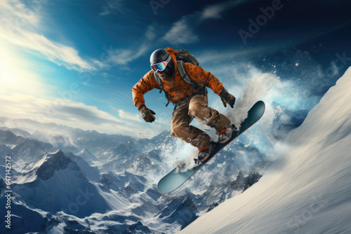 snowboarder going down the snowy mountain slope