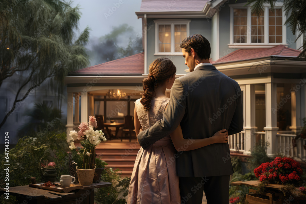 Family couple in love against the background of their new home, concept of buying, renting housing