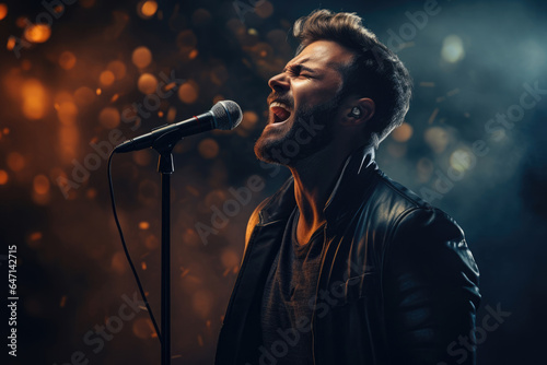 male singer vocalist sings on stage into a microphone