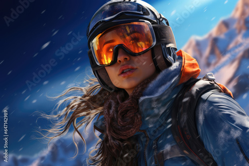 Young woman snowboarder in equipment on the mountain slope