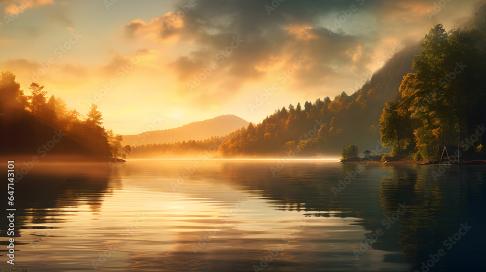 Lakeside Serenity: Tranquil Reflections in the Glowing Sunset | Generative AI	
