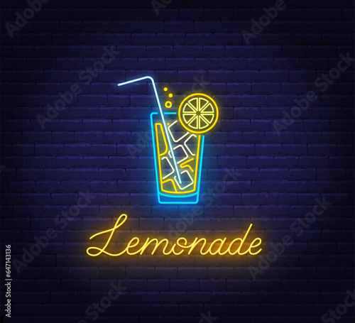 Lemonade neon sign on brick wall background.