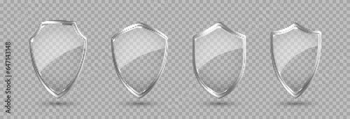 Glass transparent security guard shields with metal frame. Protection or privacy concept. Vector 3d illustration
