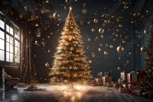 3D rendering of an unadorned Christmas tree, with the decorations suspended in mid-air around it. Capture the moment of transformation as the tree is magically dressed for the holidays.   photo