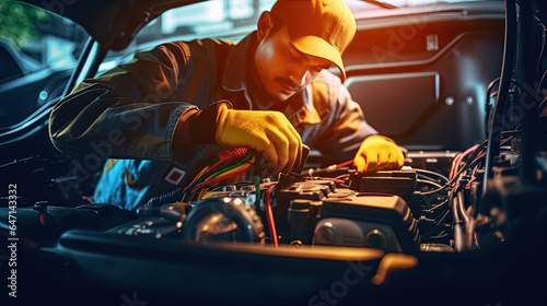 A technician check the electrical system inside the car. Car mechanic working repair in auto repair Service electric battery and Maintenance of car battery. Generative Ai