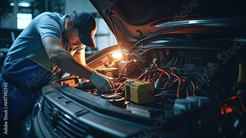 A technician check the electrical system inside the car. Car mechanic working repair in auto repair Service electric battery and Maintenance of car battery. Generative Ai