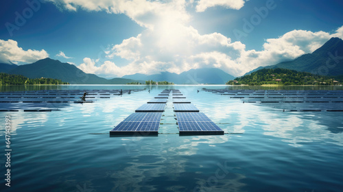 Floating solar farm on a serene lake, harnessing solar energy while minimizing land use. Clean energy concept. Generative Ai