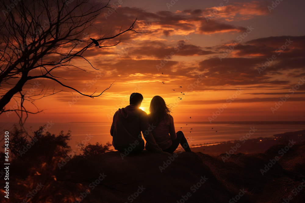 couple sharing a tender moment while watching a sunset. AI generated