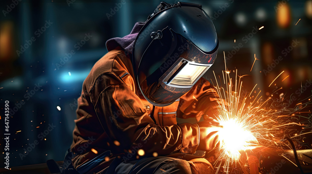 Worker or Welder wear safety gear who perform arc welding in the factory. Generative Ai Worker or Welder wear safety gear who perform arc welding in the factory. Generative Ai