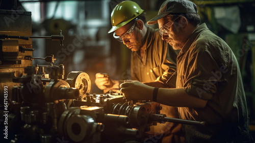 Wallpaper Mural Two workers inspecting and maintaining machinery in an industrial maintenance workshop at factory. Generative Ai Torontodigital.ca