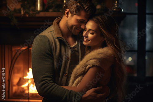 young couple cuddling by a fireplace on a winter evening. AI generated