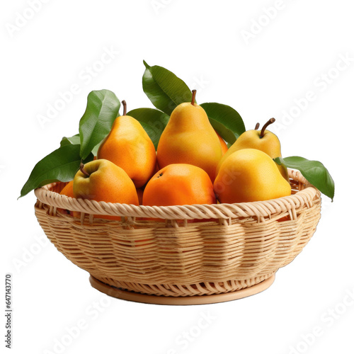Basket with pears and apricots in a ceramic frame isolated on transparent background