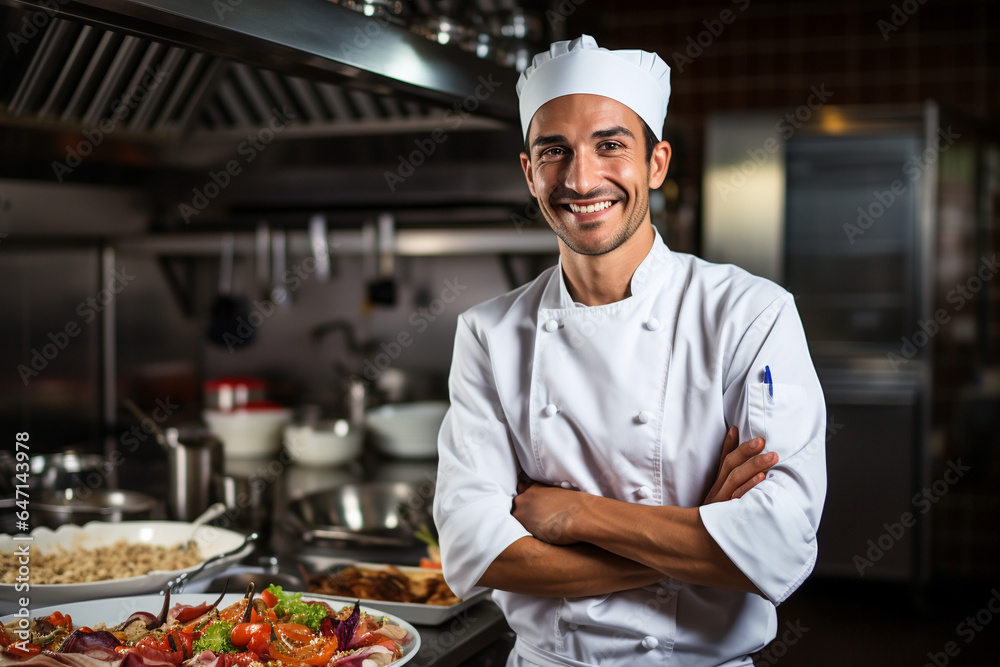 Smiling male chef with cooked food in kitchen. AI generated