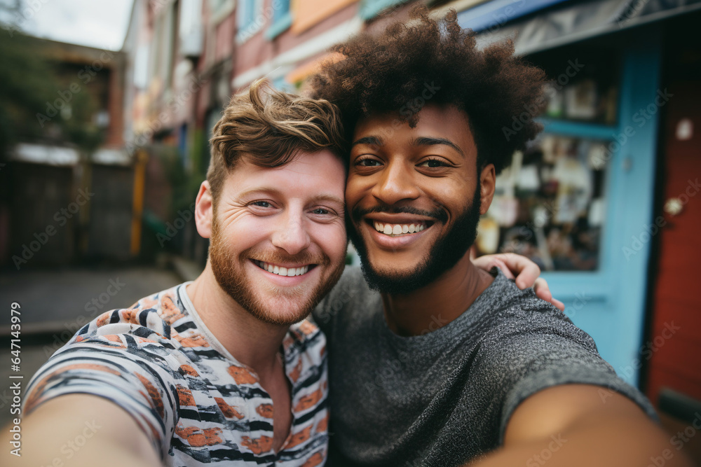 Sweet gay couple taking a selfie together. AI generated