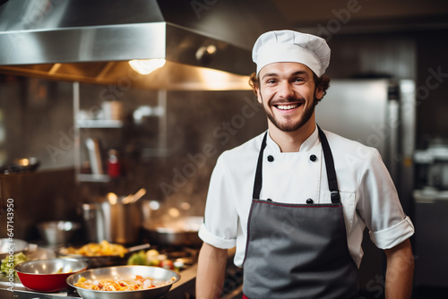 Smiling male chef with cooked food in kitchen. 