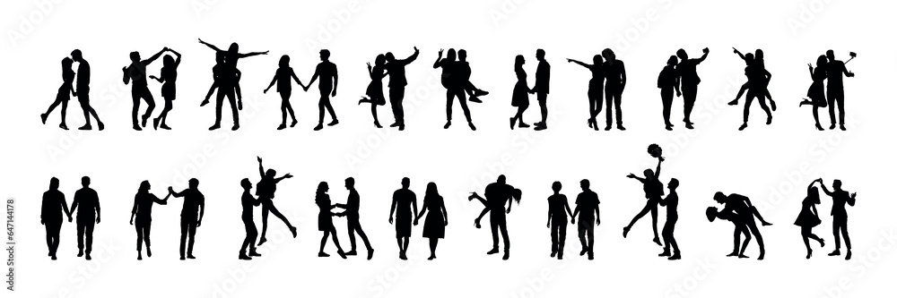 Collection of couple in different poses vector silhouette set.