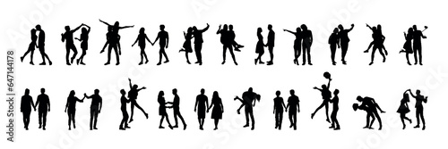 Collection of couple in different poses vector silhouette set.