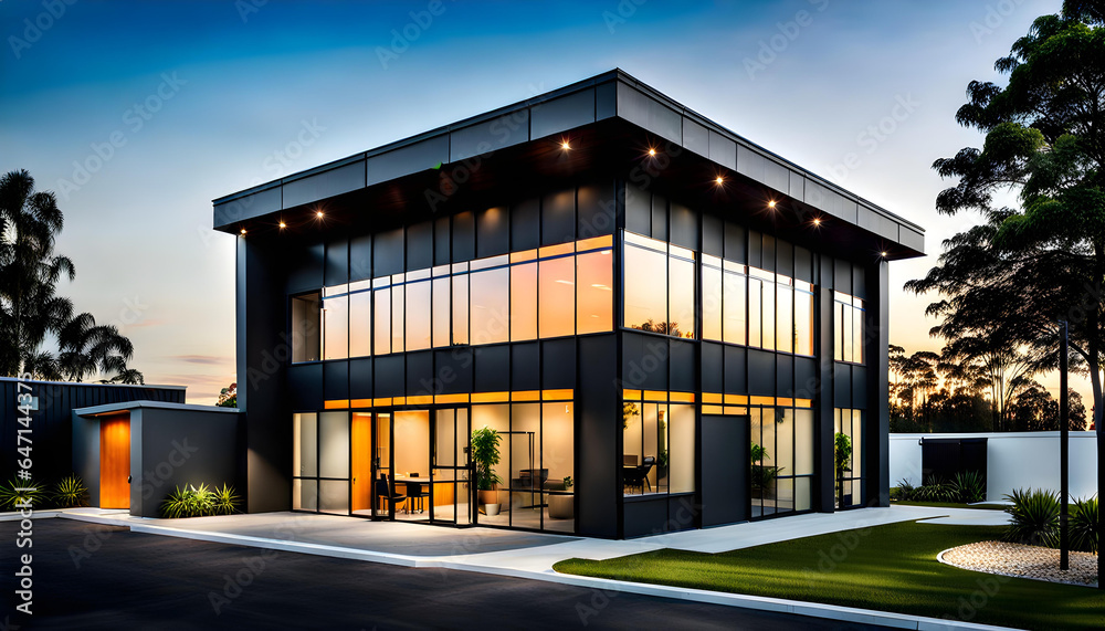 Modern small scale design style office building. Simple exterior and surrounding garden. Modern small scale design style office building. Simple exterior and surrounding garden.