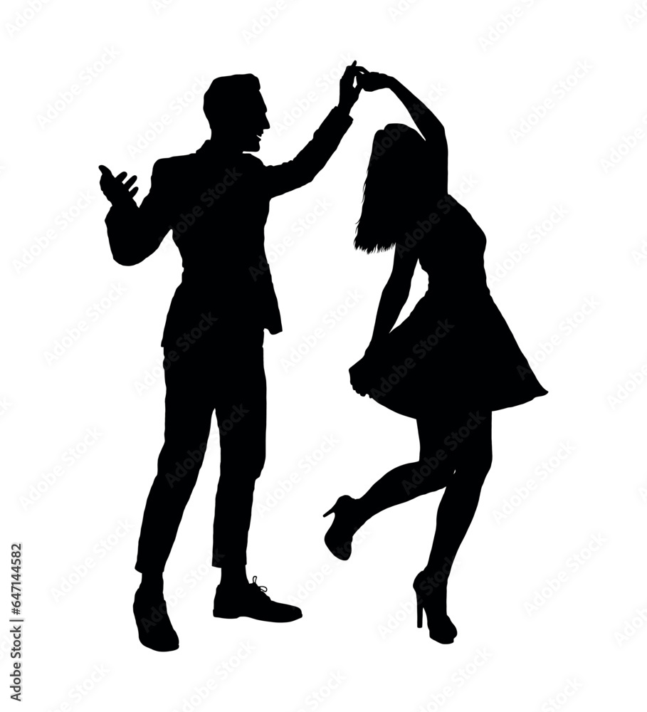 Couple dancing spinning vector silhouette. Passionate couple dancers performing spinning move silhouette.