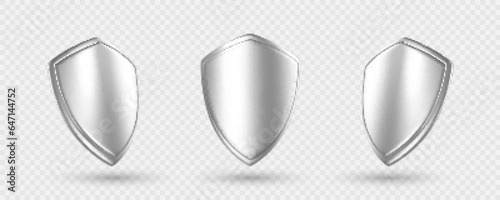 3D render metal shields isolated on transparent background. Concept of secure protection. Vector 3d Illustration