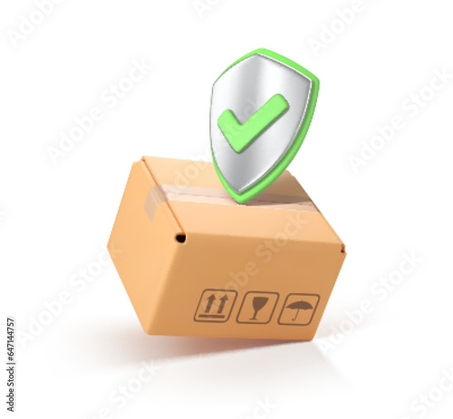 3D parcel box and shield with green check mark. Shipping Insurance, transportation safety and logistics concept. Vector 3d illustration
