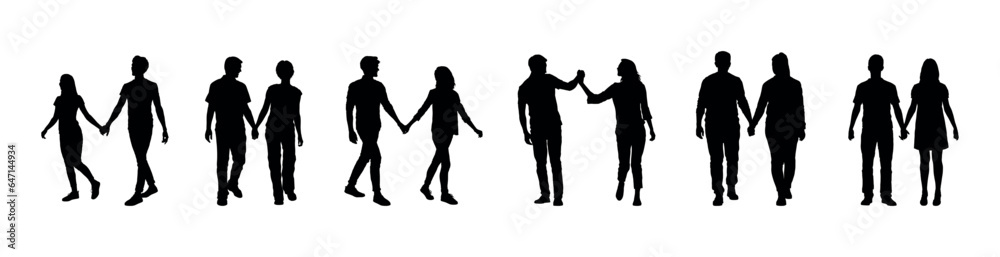 Couple holding hands walking together isolated silhouette set.