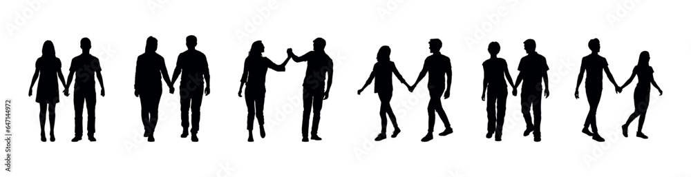 Couple holding hands while walking isolated vector silhouette set.