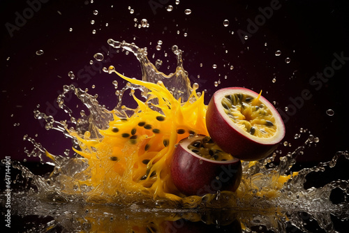 Tropical passion fruit splash in dark background photo