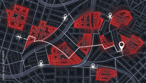 Map of the route with data on the distance, turns of the route. Blocked areas, roads. Abstract map with blocked streets, fenced off sections of the path. Huge view of the city from above. Vector