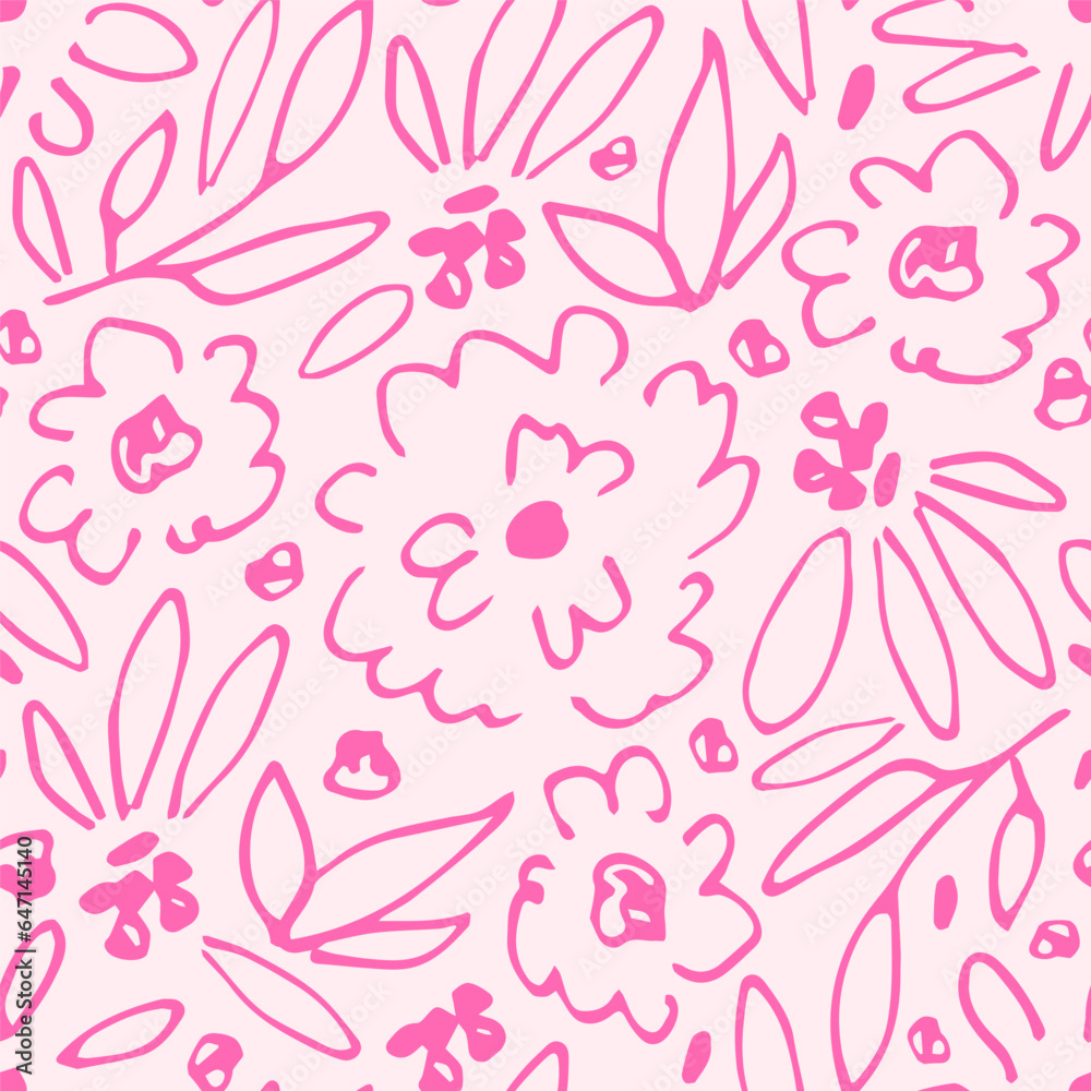 Simple floral vector seamless pattern. Pink outline of flowers, leaves, twigs on a light background. For fabric prints, textiles, packaging, stationery.