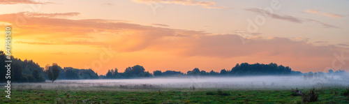 Colorful country landscape with fog over a meadow with trees in the early morning. End of summer, beginning of autumn. Panorama.
