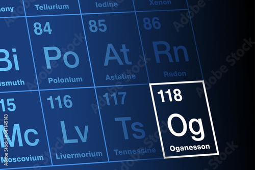 Oganesson on periodic table of elements. Extremely radioactive superheavy synthetic transactinide element. Symbol Og, atomic number 118, named after Russian-American nuclear physicist Yuri Oganessian.