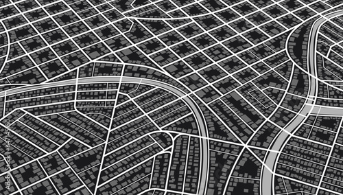 Perspective view from above the map buildings. Navigate mapping technology for distance data, path turns. Abstract map with unique lines, geometric patterns background. , Vector design streetmap.