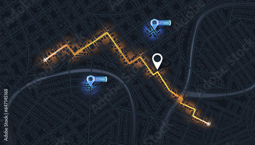 Location tracks dashboard. City street road. City streets and blocks, route distance data, path turns and destination tag or mark. Huge city top view. vector, illustration. Abstract background.