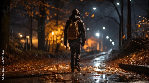 Lonely man is walking at the night park in autumn, rear view photo