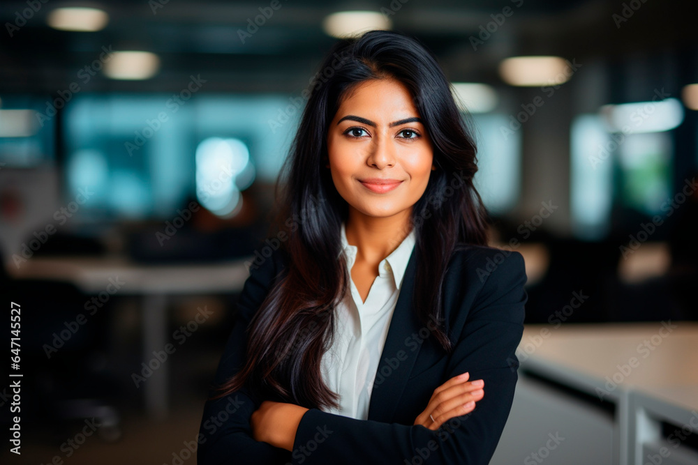 Fototapeta premium indian asian businesswoman, in the office. Smiling. Light