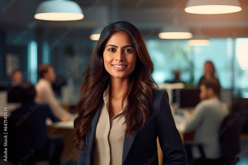 indian asian businesswoman, in the office. Smiling. Light - obrazy, fototapety, plakaty 