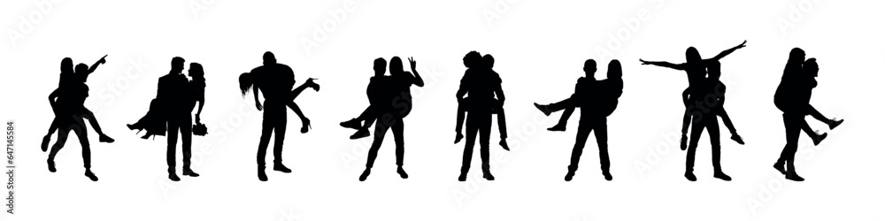 Man carrying woman isolated on white background silhouettes set.