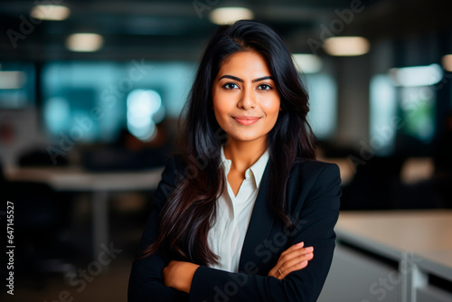 indian asian businesswoman, in the office. Smiling. Light