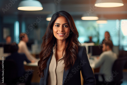 Foto indian asian businesswoman, in the office. Smiling. Light