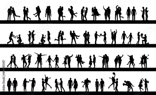 Happy couple with various poses outdoor on park silhouettes set collection.
