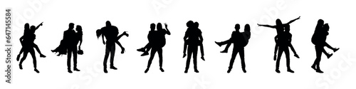 Man carrying woman isolated on white background silhouettes set.