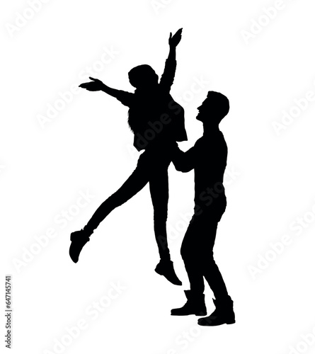 Man lifting woman up in the air isolated on white background silhouette.